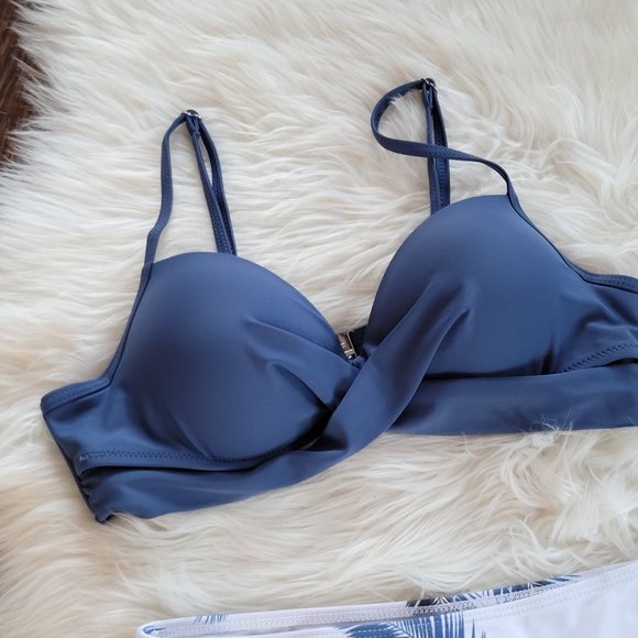 Two Piece Twist Simons Bikini Swimsuit Dark Blue Feather Print Spaghetti Strap M - Picture 2 of 12